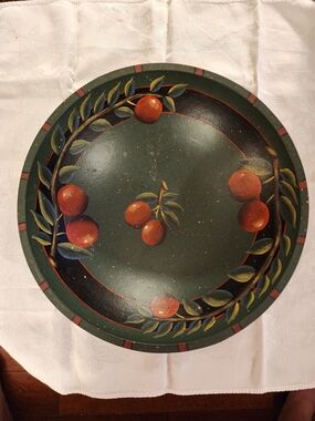 Hand-Painted Wood Fruit Motif Serving Bowl - Green and Red